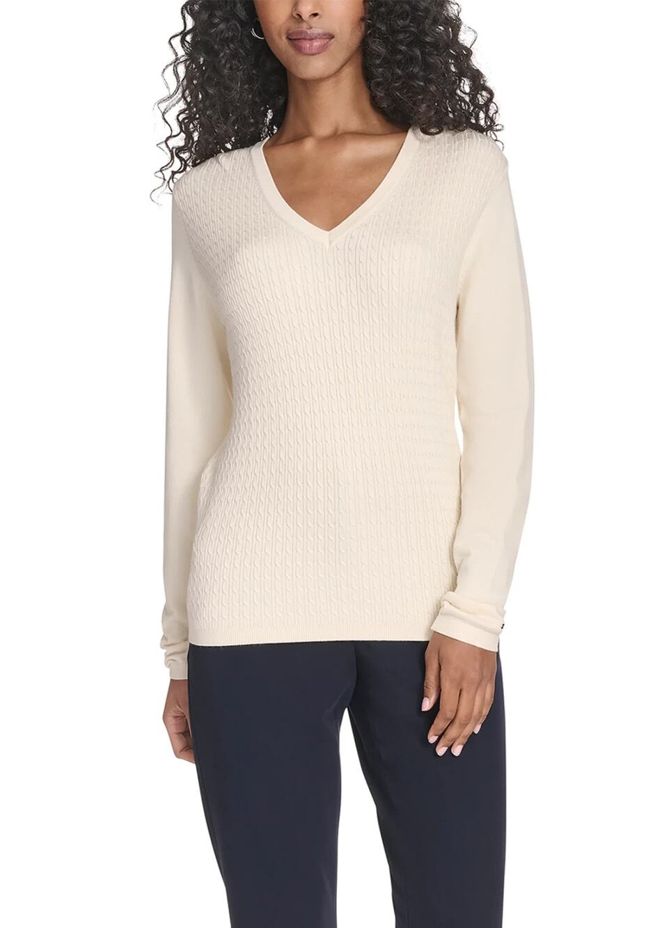Tommy Hilfiger Women's Vneck Cable Sweater Ivory Size S 3898